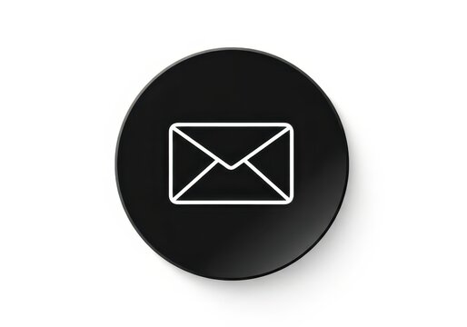 Minimalist White Email Envelope Icon on Round Black Button Isolated on White Background for Digital Communication Design