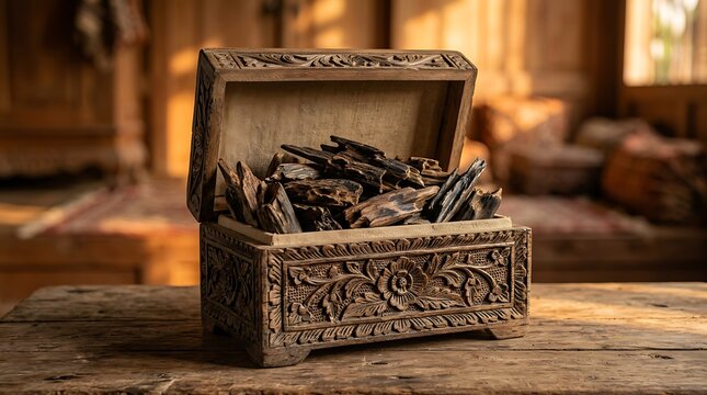 Ornate wooden chest filled with aromatic agarwood chips