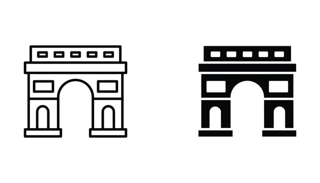 Arc de Triomphe monument icon set featuring famous Paris landmark in outline and solid black styles for travel industry and historical architecture design projects isolated on white