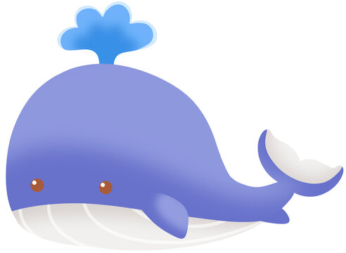 Cute blue whale character spouting water cheerfully in marine illustration