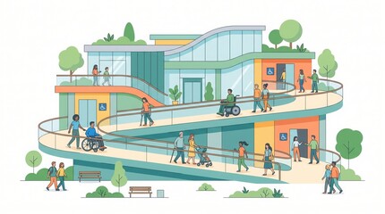 Obraz premium Accessible building ramp for wheel chair users promoting disability inclusion public infrastructure urban architecture design vector illustration