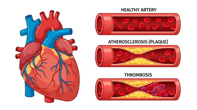 Medical illustration of human heart anatomy and clogged artery stages