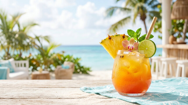 Tropical cocktail drink on wooden table with beach view and palm trees