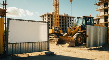 Naklejka na ściany i meble Empty white banner for advertisement hangs on metal gate at building area. Large yellow heavy machinery loader stands near high concrete house structure. Construction site features industrial crane,