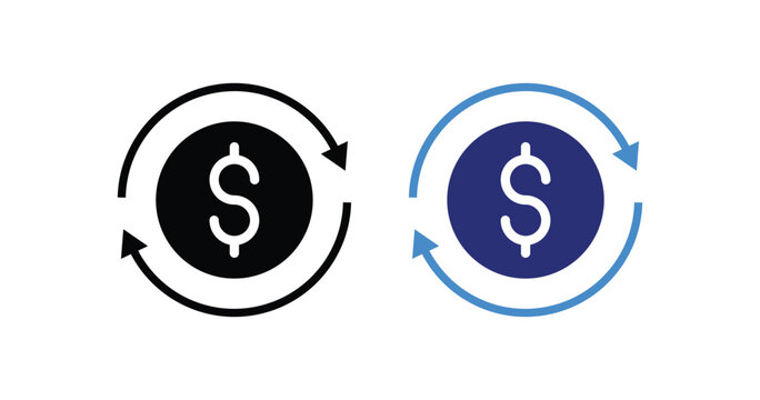 Money Exchange Icon Set. finance icon with circular arrows sign. Dollar Coin Refund Cashback Transfer Symbols. Transactions, payments icons collection