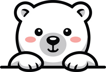 Cute cartoon polar bear cub peeking over edge with rosy cheeks isolated on white background for Christmas winter sticker children illustration vector design. © MdIbrahimIslam