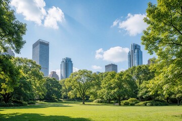 Obraz premium Green city park lawn surrounded by lush trees contrasts with modern tall buildings under sunny blue sky with clouds. Peaceful urban nature oasis.