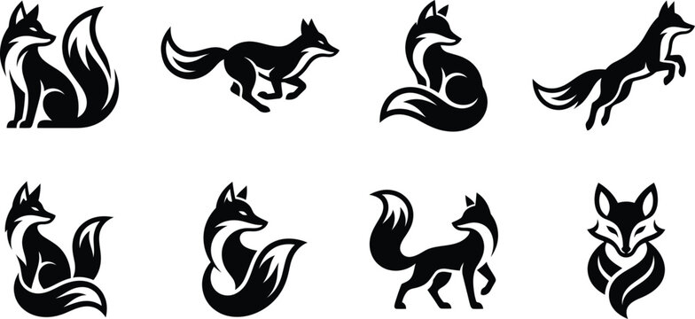 Dynamic fox silhouette icon set featuring various poses for creative branding and logo design