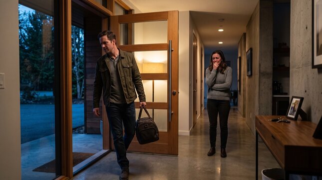 Couple stands in the entryway of their home while the man arrives carrying a dark travel bag.