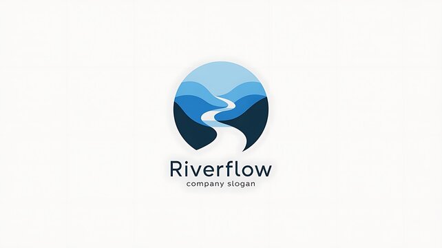 Minimalist logo design featuring a winding river flowing through evergreen mountains inside a circular frame representing nature conservation and sustainable water resource management concepts