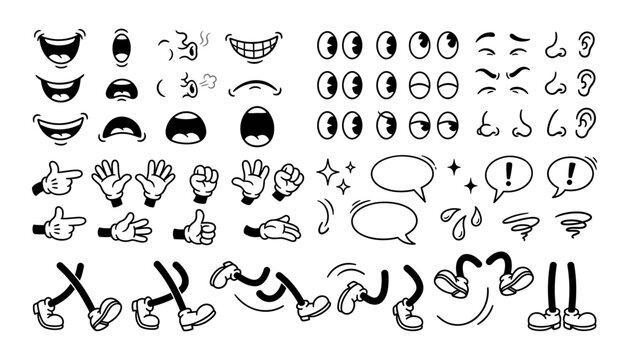 Vintage Cartoon Character Creation Kit with Facial Features and Limbs
