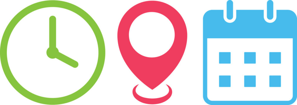 Date Time Location Icon Set. colorful Clock Map Pin Marker Calendar symbols