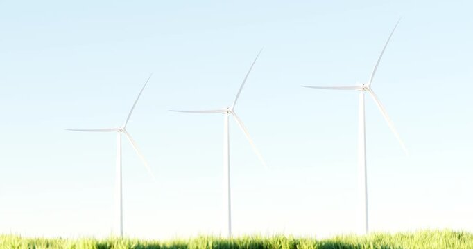 3D Render of Three Wind Turbines Generating Electricity in Grassland