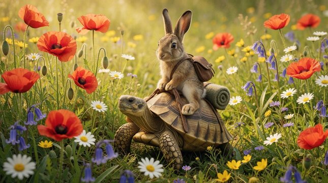Small fluffy rabbit sits on back of slow turtle carrying hiking backpack. Animal friends travel together through spring meadow with red poppies, white daisies. Cute wild creature rides tortoise in