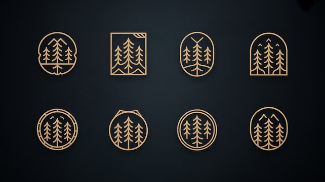 A collection of elegant golden evergreen tree icons arranged in various geometric frames set against a dark background for modern branding and design projects