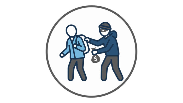 Masked Thief Stealing From Backpack Robbery Illustration Showing Pickpocket Crime And Street Theft, Masked thief reaches into a pedestrian's backpack to steal a money bag icon