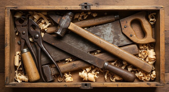 Woodworking Tools in Wooden Toolbox Rustic Hand Tools for Carpentry and Craftsmanship