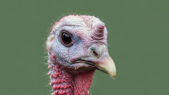 A close up portrait of a wild turkey head showing textured skin and plumage