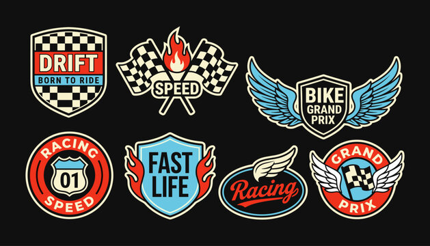 Set of Vintage Style Racing and Motor Sport Badges and Emblems on Black Background