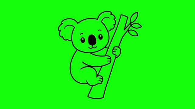 A simple black-line illustration of a cute cartoon koala clinging to a tree branch, set against a solid bright green background intended for easy chroma-keying and animation compositing.