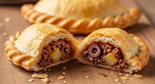 Meat pies cut in half on wooden table