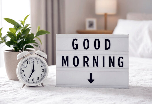 Bright bedroom morning scene with alarm clock plant and good morning sign on bed