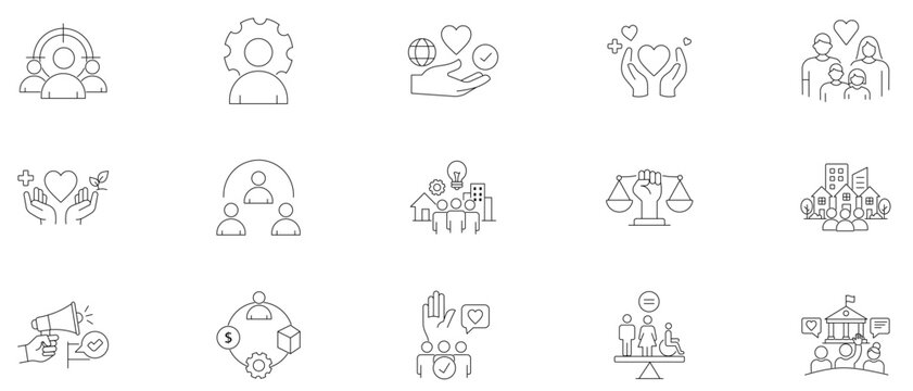 Corporate social responsibility line icon set. Symbol of human rights, community care, equality, charity, sustainability, ESG, diversity, inclusion and civil support.
