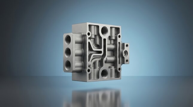 Hydraulic manifold 3D render, industrial valve distribution block, fluid power routing plate, compact oil control system