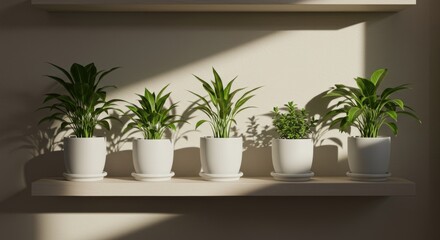 Fototapeta premium Collection of Small Indoor Plants Arranged in Decorative Pots on a Wooden Shelf Display