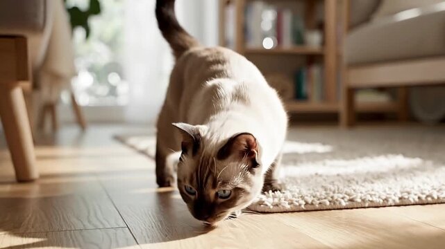 A beautiful siamese cat walking on a rug in a sunlit living room