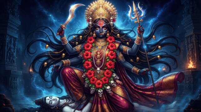 Fierce Goddess Kali in Blue Mystical Aura