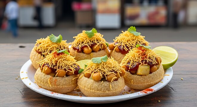 Plate of indian street food chaat with chutney and garnish on wooden table outdoors
