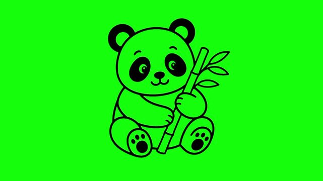 A cute, black line-art cartoon panda sitting and holding a bamboo stalk, isolated on a solid green chroma key background for easy animation and keying.