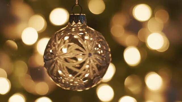Closeup of a decorative glass christmas ornament hanging on a tree with soft, glowing bokeh lights in the background