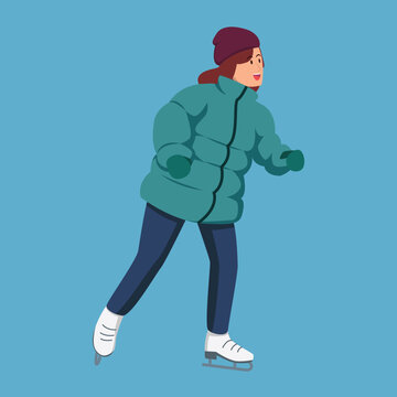 Isolated vector illustration of a woman ice skating, wearing a teal winter jacket, beanie, and skates in flat cartoon character design
