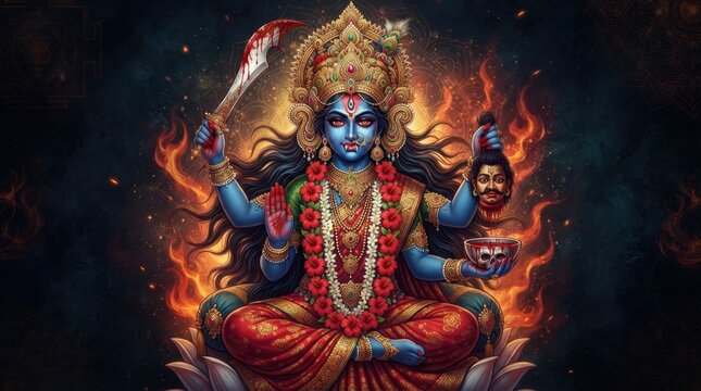 Goddess Kali Surrounded by Fiery Glowing Flames