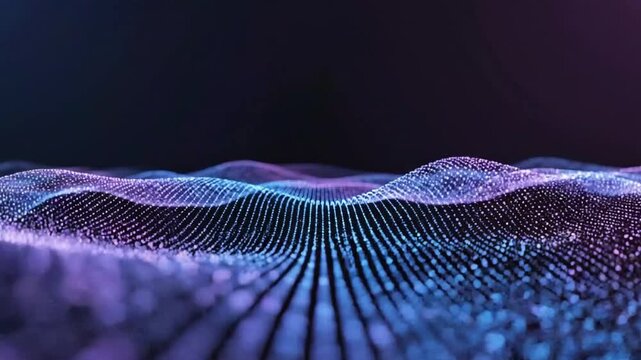 Abstract digital landscape with flowing particles and wave motion on a dark background