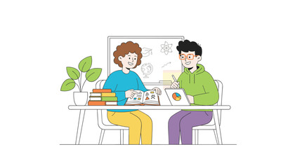 Obraz premium Two diverse teenage students sitting at a desk and studying with books, notes, and a tablet, vector illustration.