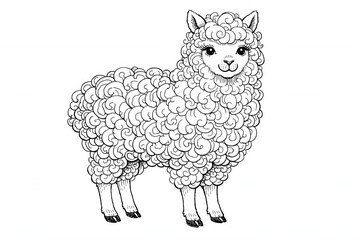 Fototapeta premium Charming line art drawing of a fluffy cute alpaca standing on a white background. High quality animal graphic ideal for farm theme artwork, coloring books, and craft print projects.