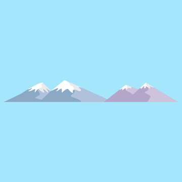 Vector background illustration of a snow capped mountain range in blue and purple tones, flat minimal winter landscape design