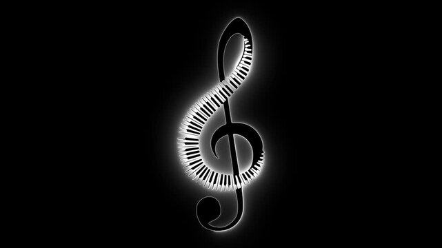 Glowing white treble clef formed by piano keys on a dark background. ideal for music logos, concert intros, piano lessons, audio visualizers, acoustic performances, and creative song branding overlays