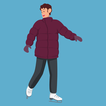 Isolated vector illustration of a man ice skating, wearing a maroon winter jacket, gloves, and skates in flat cartoon character design