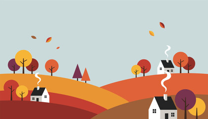 Fototapeta premium Beautiful autumn landscape illustration featuring cozy houses, smoking chimneys, and colorful rolling hills.