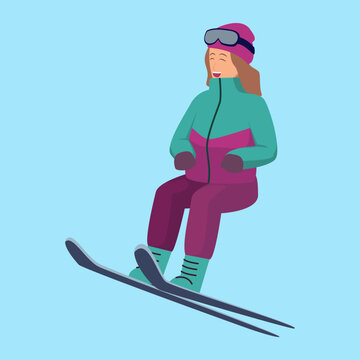 Isolated vector illustration of a woman skiing mid-jump, wearing goggles, a winter jacket, and skis in flat cartoon character design
