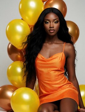 Young black woman poses in short orange dress for birthday photoshoot. Long dark hair model wears glam makeup with yellow bronze balloons in studio background. Elegant female person celebrates
