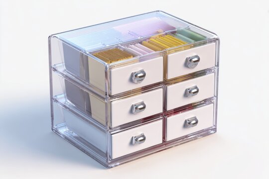 An organized transparent acrylic drawer unit, perfect for storing small items like makeup or craft supplies, with neatly arranged compartments and drawers.