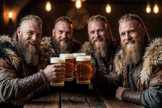 Four bearded viking men wear fur trimmed tunics raising glasses of beer. Warriors smile together at wooden table. Friends celebrate with ale indoors. Male group toasts happily.