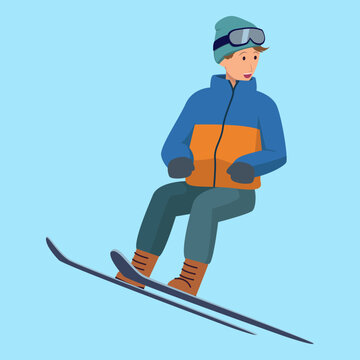 Isolated vector illustration of a man skiing mid-jump, wearing goggles, a winter jacket, and skis in flat cartoon character design