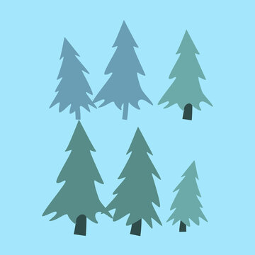 Vector illustration set of three dark blue pine tree silhouettes in varying heights, flat minimal winter forest design
