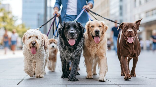 Diverse group of four dog breeds walking on leashes alongside their owner on a busy city sidewalk in a professional dog-walking service setting